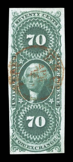 R65a, 70c Foreign Exchange imperforate, pretty used single, large margins all around, rich luxuriant color and a crisp clean impression, light red handstamped cancel centrally
struck, extremely fine.