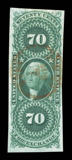 R65a, 70c Foreign Exchange, imperforate, pretty used single, large margins, deep rich color and a detailed impression, light red c.d.s. handstamped cancel, extremely
fine.