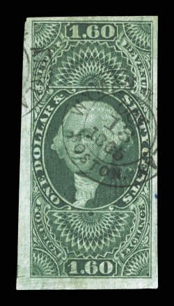R79a, $1.60 Foreign Exchange, imperforate, four large to extra-large margins, deeply rich color and a strong impression, light handstamped 1865 cancels, a few minor flaws,
choice very fine appearance.