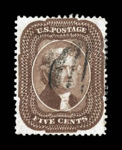 29, 5c Brown, Ty. I, used, uncommonly well centered and margined, lovely rich color and a deeply etched impression, lightly cancelled, extremely fine and quite desirable 2008
PSE certificate (XF 90 SMQ $1,150.00).