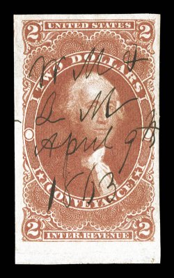 R81a, $2.00 Conveyance, imperforate, impressive used bottom sheet-margin single, other margins also quite large, rich vibrant color, neat 1863 ms. cancel, extremely fine 1981
PF certificate.