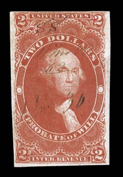 R83a, $2.00 Probate of Will, imperforate, close to mostly large margins all around, strong color and impression, light 1863 ms. cancel, small closed tear in the bottom margin,
very fine appearance a rare and key First Issue imperforate.