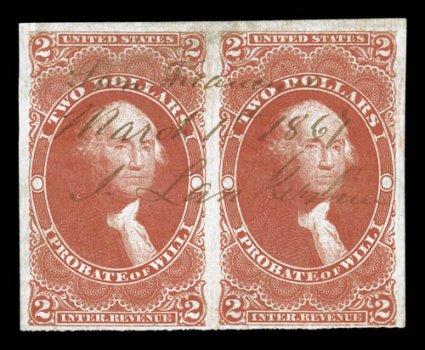 R83a, $2.00 Probate of Will, imperforate, rare horizontal pair, three very large margins, fourth at bottom quite ample, gorgeous rich color and an excellent clarity of
impression, neat 1867 ms. cancel, small faults including a few closed tears,
