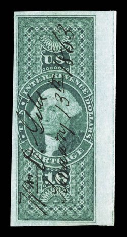 R95a, $10.00 Mortgage, imperforate, large margins all around including a huge sheet margin at right, deep color and a well incised impression, neat 1863 ms. cancel, pinpoint
thin speck, otherwise extremely fine and striking.