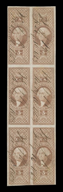 R92a, $5.00 Probate of Will, imperforate, block of six (2x3), full to mostly large margins, just touching at bottom right, strong color, 1863 ms. cancels, middle pair with
light crease, bottom left stamp with small hole, very fine appearance a