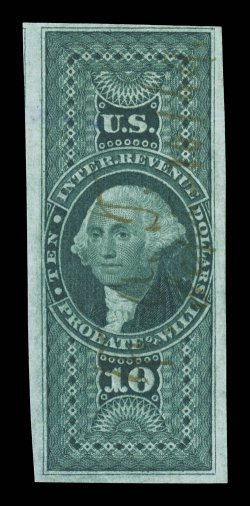 R96a, $10.00 Probate of Will, imperforate, four full to mostly large margins, deep color and impression, light 1864 ms. cancel, small violet ink mark on reverse just barely
shows through to the front, otherwise very fine 2008 PF certificate.
