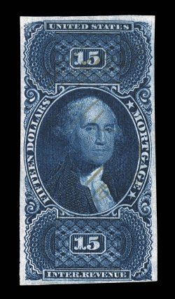 R97a, $15.00 Mortgage, imperforate, full to large margins all around, impressive rich color in a particularly dark shade, razor-sharp impression on fresh white paper, light ms.
cancel, a very fine example of this scarce imperforate revenue 2008