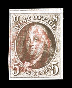 1, 5c Red brown, attractive used example, in a particularly deep red brown shade, exceptionally strong and detailed impression, plus four large to huge margins, showing a portion
of the adjacent stamp at top, light red circular grid cancel, extr
