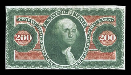 R102a, $200.00 Green and red, imperforate, four margins that are much larger than normally encountered on this difficult imperforate high value, deep vibrant colors, unusually
light 1864 ms. cancel, two small thin specks, very fine appearance.
