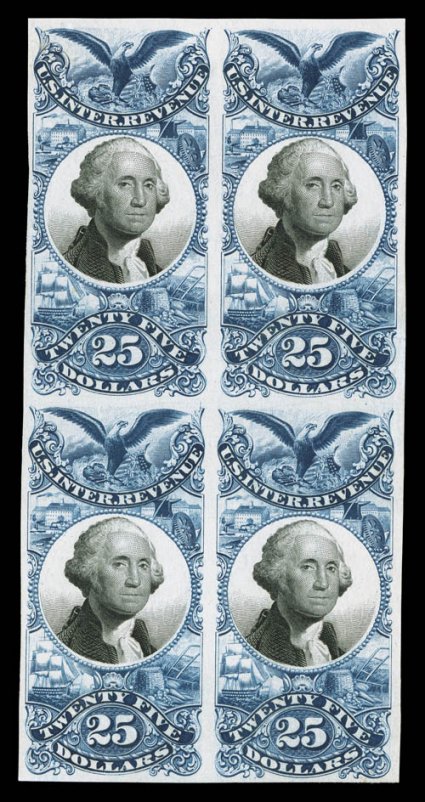 R105P3-30P3, 3c-$25.00 Blue and black, plate proofs on India, blocks of four, strong rich colors, large margins, a few faint hinge thins, still a very fine group
overall.