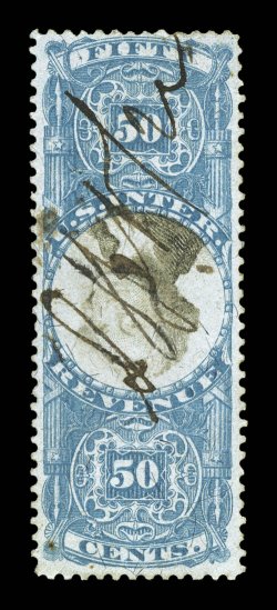 R115b, 50c Blue and black, Inverted Center, lovely rich colors, attractively centered, ms. cancel and not with the punch cancel that is found on the vast majority of this
invert, overall a very fine example of this scarce revenue error 1977 PF