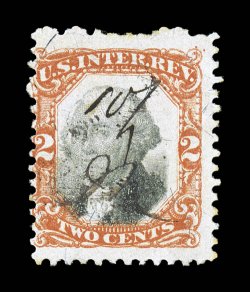 R135a, 2c Vermilion and black, error of color, deep intense color in the unmistakable error color, razor-sharp impression, light ms. cancel, a fine example of this elusive
variety 1975 PF certificate.