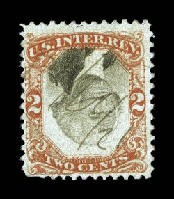 R151a, 2c Orange and black on green paper, Inverted Center, deep intense colors, nicely centered, light ms. cancel, single short perf. at bottom left, otherwise very
fine.