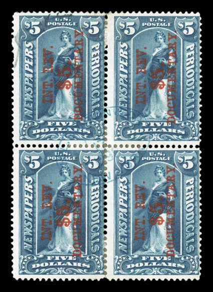 R160, $5.00 Surcharge on $5.00 Dark blue, overprint reading up, rare used block of four, brilliantly rich color, light blue oval handstamped cancel and a light ms. at top left,
the top left stamp with small thin, otherwise fine only three