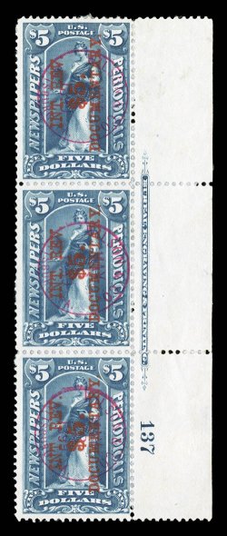 R160, $5.00 Surcharge on $5.00 Dark blue, overprint reading up, used right margin imprint and plate no. 137 strip of three, with large sheet-selvage, largely affixed to the
original backing, bright color, light 1899 red c.d.s. handstamps of