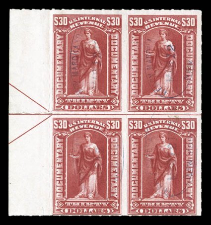 R177, $30.00 Red, roulette 5 12, used left margin arrow block of four, deep intense color and impression, light blue oval handstamped cancels, bottom left stamp may have a tiny
trace of a thin speck, fine-very fine a rare block that is t