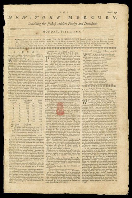 RM9, 12p New York red handstamp, clear strike on July 4, 1757 New York Mercury complete four page newspaper, fine an impressive usage of this rare colonial
revenue.