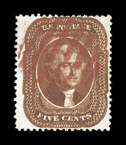 30, 5c Orange brown, Ty. II, scarce used example, well centered within considerably larger margins than normally found, lovely rich color and a highly detailed impression,
bright red grid cancel, very fine and choice 1990 PF certificate.