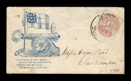 56X2, Memphis, Tenn., 5c Red, tied by Memphis c.d.s. on 12-Star Confederate Flag, Cannon and Verse Patriotic Cover, to Texas, cover with flap missing, small tear at left and a
few age spots, overall fine the Memphis provisional is exceeding