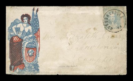2a, 10c Light blue, massive margins to cutting, small faults, tied by Gordonsville, Va. c.d.s. to a red, white and blue captured Union patriotic cover, cover edge wear and
soiling, fine for this.