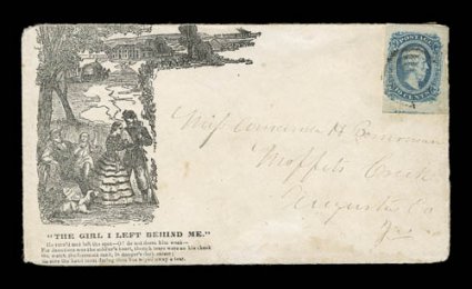 11, 10c Blue, Die A, tied by army target cancel on captured union patriotic cover, with sentimental woodcut design, The Girl I Left Behind Me, to Moffets Creek, Va., stamp with
full to mostly huge margined, cover with just slight edge wear