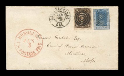 9, 1861 5c Blue on thin bluish wove, with ample to large margins all around, used in combination with United States 1863 5c Dark brown (76a) and tied to neat cover to Marlboro,
Mass. by light strike of square grid cancel, excellent strike o