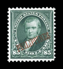 225, $5.00 Dark green, an exceptional mint example of this scarce high value, well centered, strong rich color and a deeply etched impression, o.g., lightly hinged, very fine
undated PSE certificate and a 2006 PF certificate (VF 80).
