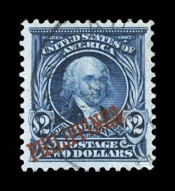 238, $2.00 Dark blue, scarce used example, exceptionally well centered within large margins, unusually bright and fresh, with especially deep color on pristine white paper,
light c.d.s. cancel, tiny thin speck, extremely fine appearance.