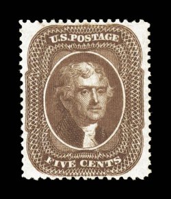 30A, 5c Brown, Ty. II, a lovely mint example of this scarce and undervalued stamp, with deep luxuriant color and a razor-sharp impression, exceedingly well centered within much
larger margins than typically found, full o.g., lightly hinged, extr