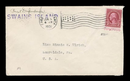 Swains Island (Tokelau) violet straight line handstamp on 1931 cover to Tutuila, American Samoa, signed Paul T. Diefenderfer just above handstamp, bearing U.S. 2c regular issue
which is tied by Pago Pago, SamoaJun 5 1931 machine cancel, ve