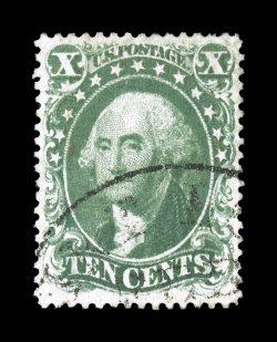 31, 10c Green, Ty. I, gem used example, flawlessly centered within especially large margins for the issue, bright fresh color and a remarkably detailed impression on immaculate
paper, very light and unobtrusive town c.d.s., extremely fine rarel