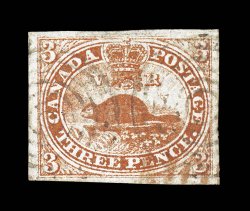 1a, 1851 3p Orange vermilion, handsome used single with bright color in this distinctive orange vermilion shade, possessing four exceptionally large and even margins, neatly
and unobtrusively cancelled with two black target cancels plus a portio