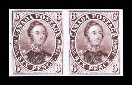Unitrade 2TCi, 1857 6p Red purple trial color plate proof on card, horizontal pair, full to large margins, bright and fresh, very fine.