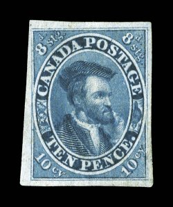 7, 1855 10p Dull blue, an extraordinary mint single that is one of the finest original gum examples of this classic rarity that we have ever offered, as it possesses four full
to mostly large margins, rich luxuriant color and a crisp detaile