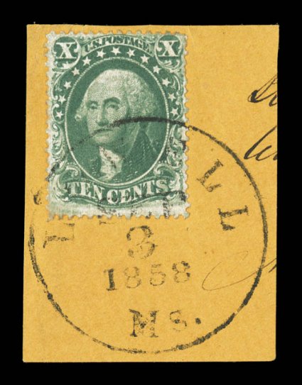 34, 10c Green, Ty. IV, position 64L1, recut and top and bottom, rich color, tied to piece by complete strike of 1858 Lowell, Miss. c.d.s., a fine example of this scarce stamp
1972 PF certificate.