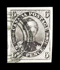 10, 1857 6p Reddish purple on very thick soft paper, a spectacular used example of this very rare stamp, which happens to be one of the most difficult of all the Pence issues
to find in premium quality, as the soft nature of the paper causes mos