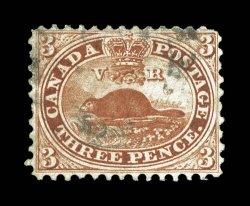 12, 1859 3p Brown red, premium used example of this elusive stamp, remarkably well centered, impressive rich color in the distinctive Brown red shade, uncommonly light cancel,
extremely fine and choice 2007 Greene Foundation certificate ex-R