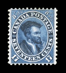 19, 1859 17c Blue, perforated 12x11 34, a spectacular mint example in a condition that is next to impossible to find on any of the perforated 1859 issues due to their normally
poor centering, the extraordinary copy offered here is not only perf