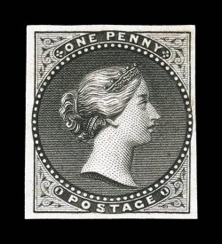 Queen Victoria Head die essay in black on .008mm thick card, large margins all around, strong color, small thin spot, otherwise a very fine example of this seldom offered
essay.