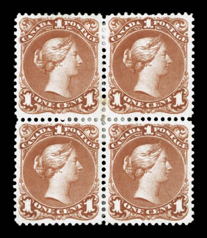 22, 1868 1c Brown red, mint block of four, exceptionally well centered and margined, especially the bottom stamps, lovely rich color, large part o.g., h.r.s, top stamps each
with a small thin, very fine appearance (Unitrade C$8,000.00+).