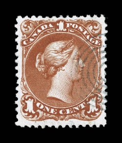 22a, 1868 1c Brown red on watermarked paper, used, with clear watermark, far better centering than normally encountered, large margins as well, excellent color that is
particularly deep and rich, light target cancel, very fine (Unitrade C$600.00