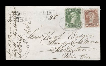 24, 1868 2c Green, tied along with 3c Copper red Small Queen (37b) by light oval grid cancels with matching Shubenacadie, N.S. Dec. 5, 1871 pmk. on registered cover to
Stellarton, N.S. (backstamped), fresh and very fine a scarce franking p