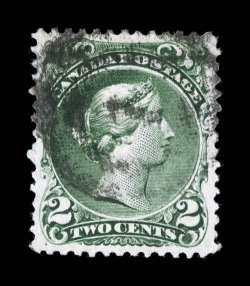 24a, 1868 2c Green on watermarked paper, handsome used example, with a clear watermark, remarkably well centered within extravagantly large margins, rich bright color on fresh
paper, extremely fine and choice (Unitrade C$500.00).