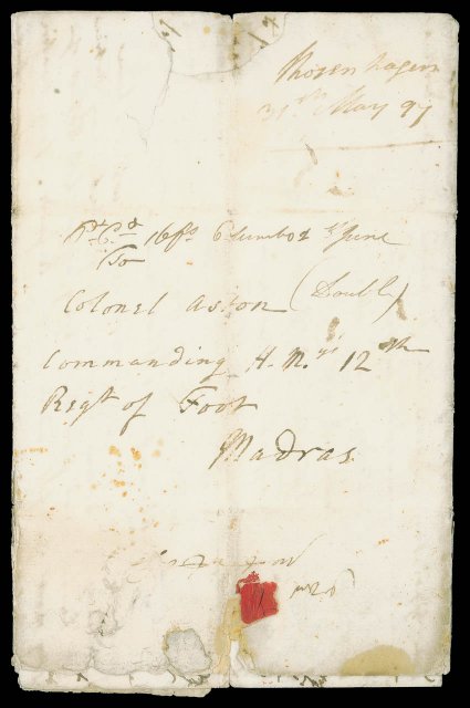 1797 (31 May) double entire letter from Philip Rosenhagen, a clergyman and well-known socialite, at Colombo to his friend Colonel Aston at Madras, marked Pt. Pd. 16 Fs. Colombo
1t. June (Double). The contents cover a range of fascinating to