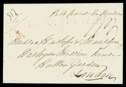 1833 (13 Dec.) entire to London, marked Post paid via Madras, rated 13, showing good to fine strikes of straight-line jaffna (Type PS 1) and post paid (Type PD 1) handstamps in
red and, on reverse, out stationmadrass
