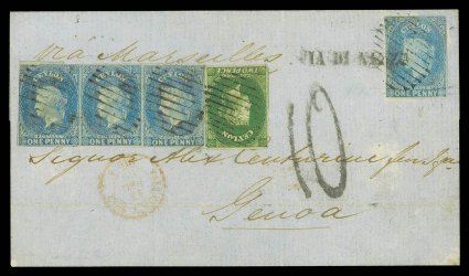 1859 (Nov.) entire from Galle to Genoa, marked Via Marseilles, bearing 1d. deep turquoise-blue horizontal strip of three (left stamp cut-into), a single with re-entry No. 14
(cut-into) and 2d. yellow-green with margins all round, all lightl
