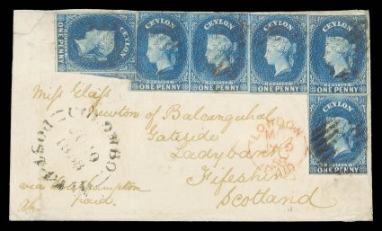 1858 (10 June) envelope from Colombo to Scotland, marked via Southampton at lower left, bearing 1d. blue L-shaped strip of five with margins nearly all round (scissor-cut
between fourth and fifth stamps) and a single with re-entry and showi
