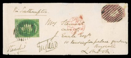 1859 (29 Nov.) envelope from Colombo to London, marked Via Southampton, bearing 2d. yellow-green, touched at foot and at top left, and 4d. dull rose with outer frameline
touched in two places, both clearly cancelled (4d. not tied), showing