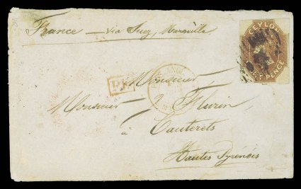 1860 (2 Aug.) envelope from Jaffna to Cauterets, France, marked via Suez, Marseille, bearing 8d. brown with large margins all round, clearly cancelled, showing boxed pd and
Marseilles entry d.s., both in red, and jaffnapost-paid<
