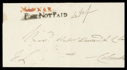 Undated large part entire to Colombo, rated 4½f, showing straight-line mannar in red and post not paid in black, both good to fine strikes though slightly over-inked and
smudged. Extremely rare and thought to be the only example